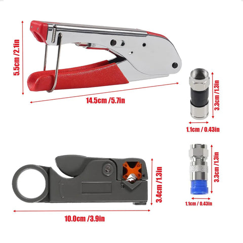 3 In 1 Coax Cable Crimping Tool Kit with 20 pcs F Type RG59 RG6 Compression Connectors and Coaxial Cable Stripper shown