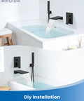 Wall Mount Tub Faucet With Waterfall Spout And Handheld Shower, Dope Matte Black Finish, installed over modern bathtub.