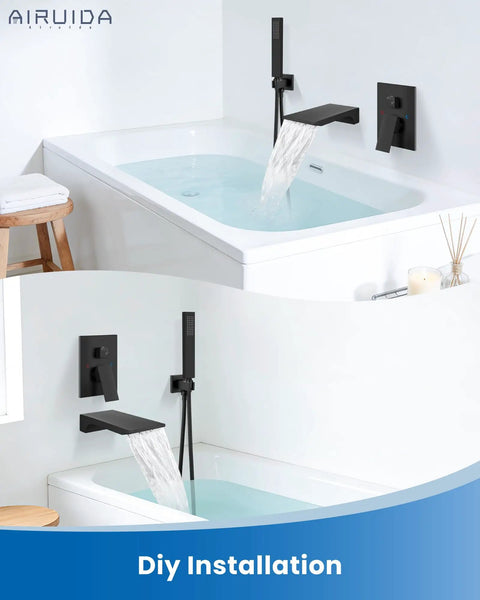 Wall Mount Tub Faucet With Waterfall Spout And Handheld Shower, Dope Matte Black Finish, installed over modern bathtub.
