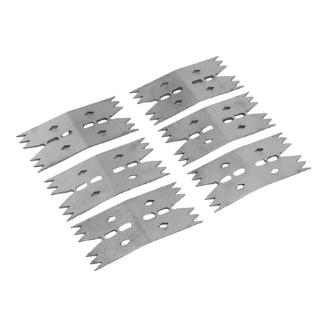 Premium Stainless Steel Slab Clamping Dogs Boost Hold For Woodworkers And CNC Pros With Enhanced Grip Fixing Sawhorses Boards Securely On Job Sites 6 Pack, displaying six metal slab clamps.