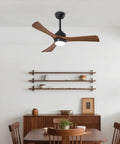 42" Solid Wood Blades Ceiling Fan with Lights in matte black, showcased in a dining room setting with wooden decor.