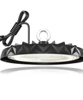 Led High Bay Light 150W UFO Fixture For Warehouses And Shops With Boss Level Brightness, geometric design, black housing.