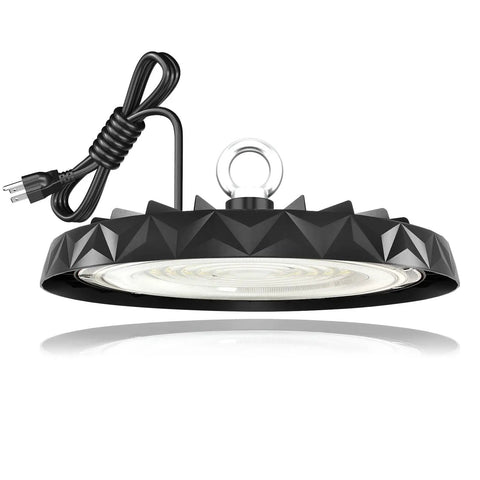 Led High Bay Light 150W UFO Fixture For Warehouses And Shops With Boss Level Brightness, geometric design, black housing.