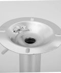 Close-up view of the Hassle Free Heavy Duty Bar Stool Swivel Base with hydraulic system, highlighting steel construction and footrest attachment.