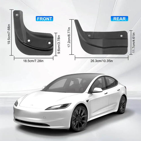 Tesla Model 3 Mud Flaps Set Of Four Front And Rear Splash Guards Custom Fit next to car dimensions showing sizes.