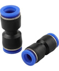 Top Flight 60 Piece Pneumatic Push Fitting Kit Assortment With 4mm To 12mm Quick Connect Straight Adapters For Air Compressors And DIY Plumbing Projects To Get The Job Done Fast Without Any Hassle. Black plastic 4mm push-to-connect fittings with blue release rings, shown upright and side angle.