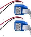 2 Pack 12V AC DC Auto On Off Photocell Light Switches Dusk To Dawn Sensor for Outdoor Lighting Fixtures, blue housing, wiring visible