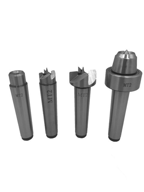 Heavy Duty MT2 Morse Taper Live Center And Drive Set For Wood Lathes features four precision tips made of durable metal.