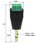 5 Pack 1 8 Inch Ts Mono Male Audio Plug Adapters 3 5Mm Gold Plated Copper Jacks showing dimensions and connection points.