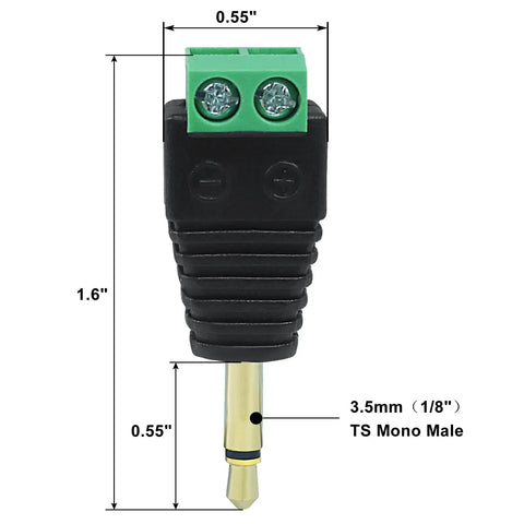 5 Pack 1 8 Inch Ts Mono Male Audio Plug Adapters 3 5Mm Gold Plated Copper Jacks showing dimensions and connection points.
