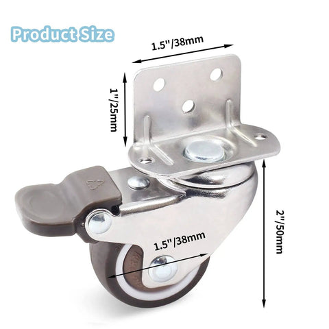 Front view of 4 Pack 1.5 Inch L Shaped Swivel Casters With Brakes Quiet TPE Rubber Wheels Metal Housing Replacement Caster.
