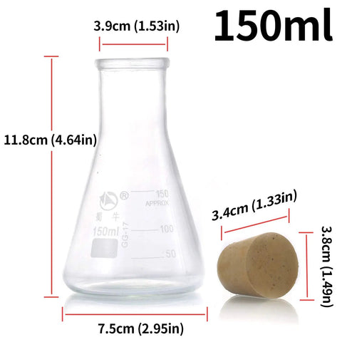 Must Have Three Piece Glass Erlenmeyer Flask Set With Rubber Stoppers And Precise Scales Borosilicate Lab Flasks 150ml size