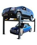 Top Shelf Four Post Vehicle Parking Lift With Massive Eight Thousand Pound Load Capacity And Heavy Duty Diamond Plate Runways For Your Weekend Wrencher Shop with SUV and compact car.