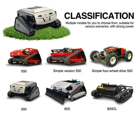 Remote-Controlled Tracked Lawn Mowing Robot With Adjustable Cutting Height models including 550, 800, and 800DL