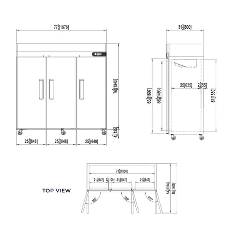 Top Shelf 78 Inch Triple Door Reach In Freezer 72 Cubic Feet Stainless Steel Commercial Kitchen dimensions and top view layout