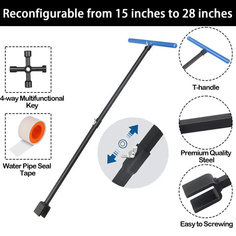 Adjustable Water Meter Key With 15 Inch And 28 Inch Lengths For Opening And Closing Meters Or Valves, showing components and features