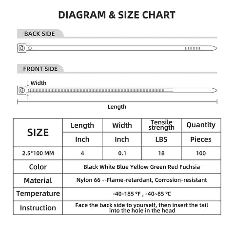 Diagram of 4 Inch White Nylon Zip Ties 100 Pack Self Locking Cable Ties For Indoor And Outdoor Use Heavy Duty Small Tie Straps