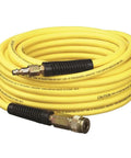 Coiled yellow air hose with metal connectors for air tools and pneumatic systems