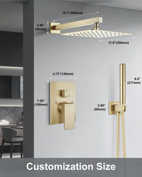 Big Splash 12 Inch Brushed Gold Shower System With Square Rainfall Head And Handy Handheld Sprayer Delivering Killer High Pressure Water Flow Even In Weak Lines Because It Just Hits Different