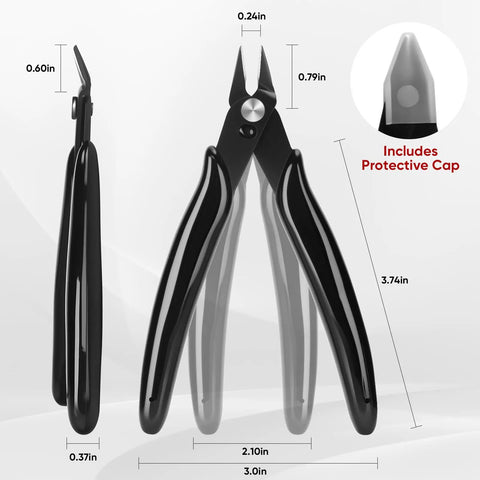 5 Inch Flush Cutters 2 Pack Micro Wire Cutters Sharp Zip Tie Cutter Precision Wire Cutters For Crafting Jewelry Making Plastic Models 3D Printing Electronics Floral Dope For Precision Work Electronics Jewelry Making Model Building And Floral Arrangements, side and front view with protective cap, beveled jaws.