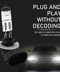 2 Pack 88127W 12V Halogen Car Bulbs For Low Beam And High Beam Quartz Glass Built Tough Heat Proof Easy Plug Replacement Parts Universal White Automotive Lighting Accessories, showing plug-and-play installation with a car front view in the background.