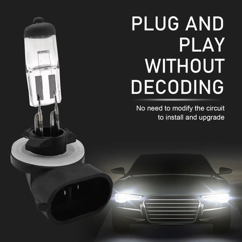 2 Pack 88127W 12V Halogen Car Bulbs For Low Beam And High Beam Quartz Glass Built Tough Heat Proof Easy Plug Replacement Parts Universal White Automotive Lighting Accessories, showing plug-and-play installation with a car front view in the background.