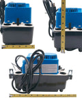 HVAC Condensate Pump With Alarm 1/10 HP 115V, front and side view, black base, blue top, measuring 22 feet lift at 10 GPH.