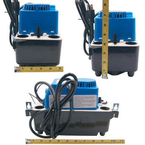 HVAC Condensate Pump With Alarm 1/10 HP 115V, front and side view, black base, blue top, measuring 22 feet lift at 10 GPH.