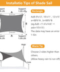 Installation guide for 8x10 Shade Sail Permeable HDPE Outdoor Sun Shade Canopy with measurements and tips for patio setups.