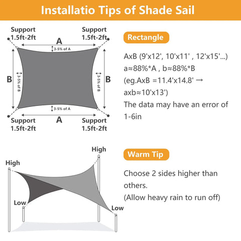 Installation guide for 8x10 Shade Sail Permeable HDPE Outdoor Sun Shade Canopy with measurements and tips for patio setups.