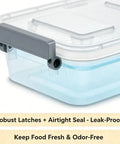 Close-up of 2 Pack Stack Em High Modular Storage Totes With Gray Write-On Lids, BPA Free Clear Plastic Bins, leak-proof design