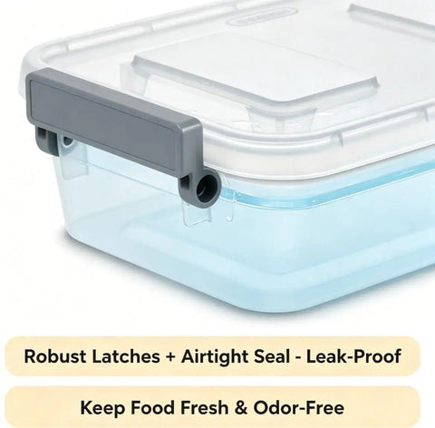 Close-up of 2 Pack Stack Em High Modular Storage Totes With Gray Write-On Lids, BPA Free Clear Plastic Bins, leak-proof design
