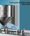 Pneumatic Bottle Filler Machine Adjustable Stainless Steel Single Head Horizontal Dispenser With 40 Liter Hopper For Liquids And Creams showing SUS304 stainless steel hopper.