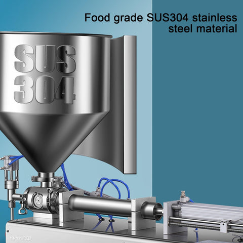 Pneumatic Bottle Filler Machine Adjustable Stainless Steel Single Head Horizontal Dispenser With 40 Liter Hopper For Liquids And Creams showing SUS304 stainless steel hopper.
