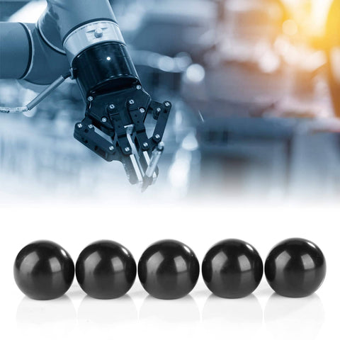 Five Pack Black Round Ball Knobs With M8 Female Thread 32mm Diameter Bakelite Lever Knobs in front of robotic machinery.