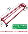 Rolling Masking Film Machine With Mobile Stand in red, dimensions labeled