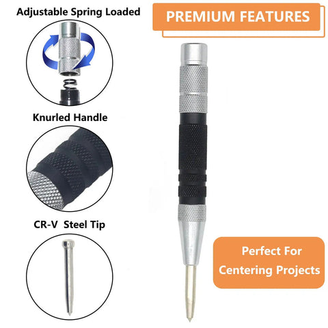 Diagram of Two Piece Automatic Center Punch Set, 6 Inch Hardened Steel, with adjustable knurled cap and spring-loaded feature