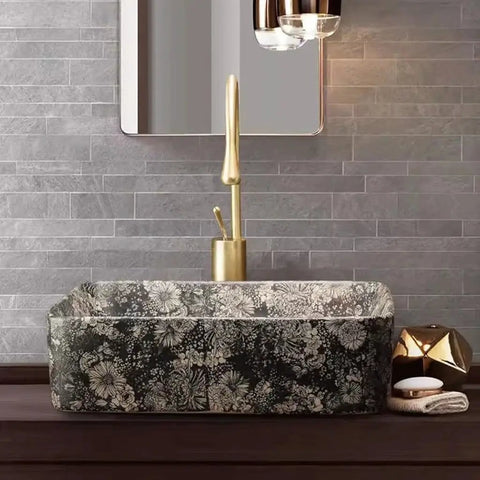 UMJIGF Vessel Sink Outdoor Courtyard Retro Ceramic Table Basin Wash Basin Bathroom Wash Basin Single Basin Home Balcony Basin with floral design