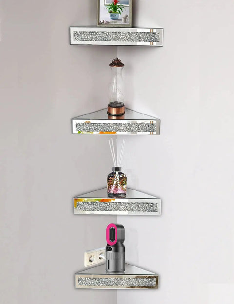 Dope Triangular Floating Corner Shelves Set Of 2 In Silver Mirror Finish With Crushed Diamond Under Glass 11.8 Inch Wall Displays