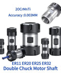 Premium ER Collet Spindle Extension Rod for Lathe and Drill, Double Chuck Motor Shaft Adapter With Long Handle Body For Deep Hole Drilling and Precision Machining Jobs That Last, showing various sizes.