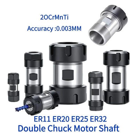 Premium ER Collet Spindle Extension Rod for Lathe and Drill, Double Chuck Motor Shaft Adapter With Long Handle Body For Deep Hole Drilling and Precision Machining Jobs That Last, showing various sizes.