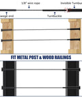 Illustration of Invisible Cable Railing Kit One Eighth Inch Black With Drill Bits And Wrench T316 Stainless on wood and metal posts.