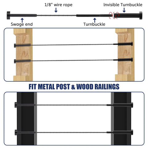 Illustration of Invisible Cable Railing Kit One Eighth Inch Black With Drill Bits And Wrench T316 Stainless on wood and metal posts.