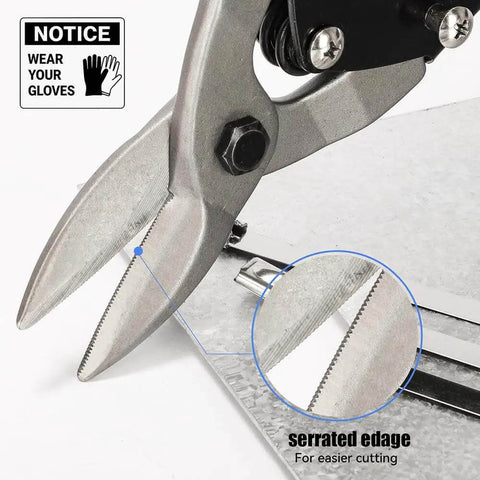 Heavy Duty Aviation Tin Snips For Sheet Metal, 10 Inch Straight Cut Shears In Chrome Vanadium Steel showing serrated edge detail