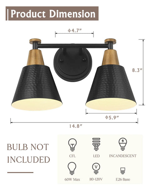Two Pack Matte Black Vanity Light Fixtures With Hammered Metal Shade For Mirror Bath Kitchen And Bedroom Wall Lamps That Look Dope 2 Lights Per Pack E26 Base Compatible, dimensions illustrated