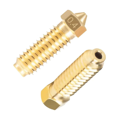 Close-up of two brass nozzles from Brass Nozzle Set For Kobra 3 And Kobra S1 3D Printers, 0.4mm size, for precise 3D printing