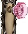 Vintage Waldorf Pink Crystal Door Knob Set With Antique Brass Plates, Passage Style for pre-drilled doors restoration