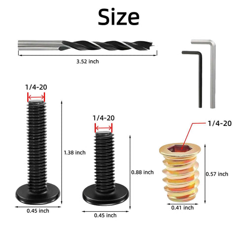 Pro Grade Wood Furniture Hardware Kit With 40 1/4-20 Threaded Inserts, 16 Bolts 1-1/4 In, 24 Bolts 3/4 In, 9mm Drill Bit And Hex Wrench For Fast, Solid Assembly And Easy Furniture Repairs components sizes