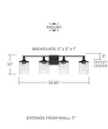 Dimensions of Colton Mid-Century Clear Water Glass Bathroom Vanity Light, Four-Light Matte Black Wall Fixture, shown with measurements.