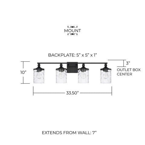 Dimensions of Colton Mid-Century Clear Water Glass Bathroom Vanity Light, Four-Light Matte Black Wall Fixture, shown with measurements.